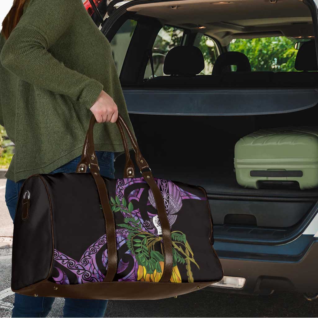 Purple New Zealand Kowhai And Piwakawaka Travel Bag Maori Ngaru Paua Shell - Polynesian Pride