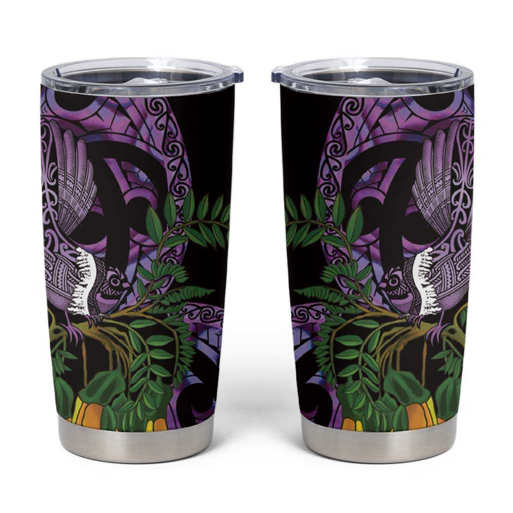 Purple New Zealand Kowhai And Piwakawaka Tumbler Cup Maori Ngaru Paua Shell