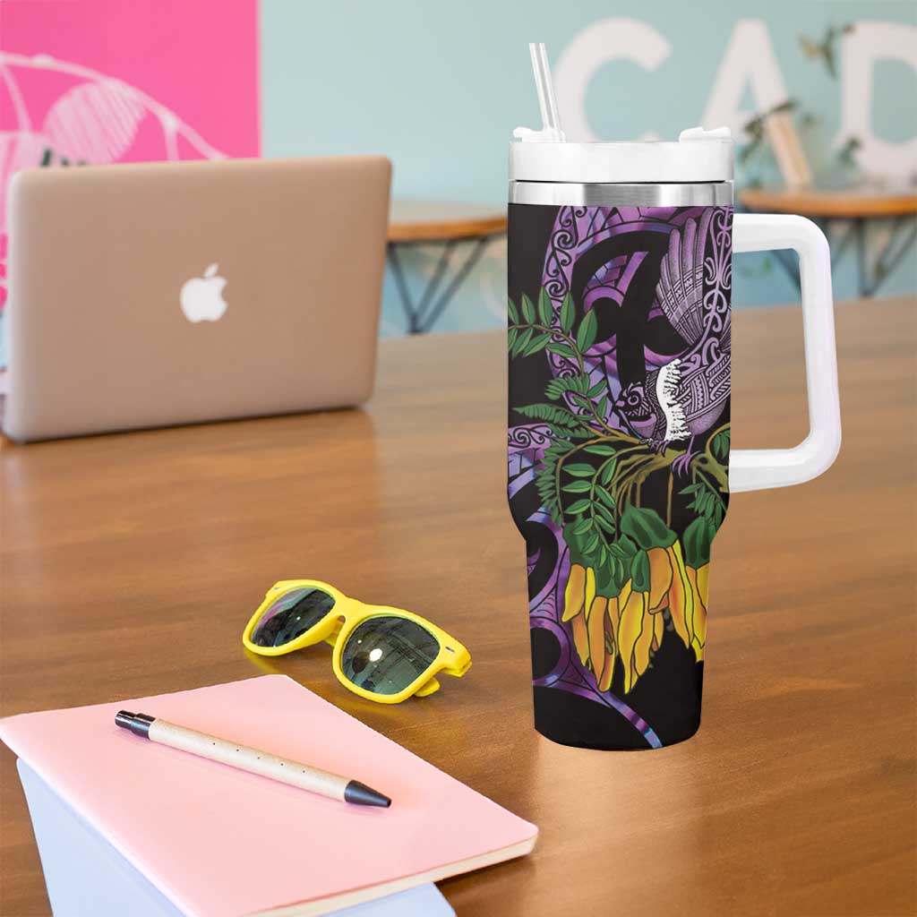 Purple New Zealand Kowhai And Piwakawaka Tumbler With Handle Maori Ngaru Paua Shell