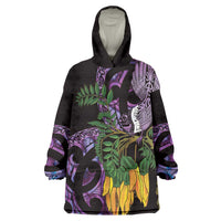 Purple New Zealand Kowhai And Piwakawaka Wearable Blanket Hoodie Maori Ngaru Paua Shell