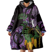Purple New Zealand Kowhai And Piwakawaka Wearable Blanket Hoodie Maori Ngaru Paua Shell