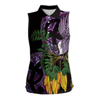 Purple New Zealand Kowhai And Piwakawaka Women Sleeveless Polo Shirt Maori Ngaru Paua Shell