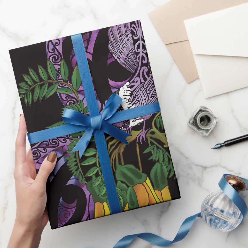Purple New Zealand Kowhai And Piwakawaka Wrapping Paper Maori Ngaru Paua Shell - Polynesian Pride