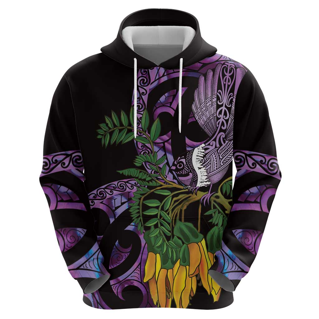 Purple New Zealand Kowhai And Piwakawaka Zip Hoodie Maori Ngaru Paua Shell