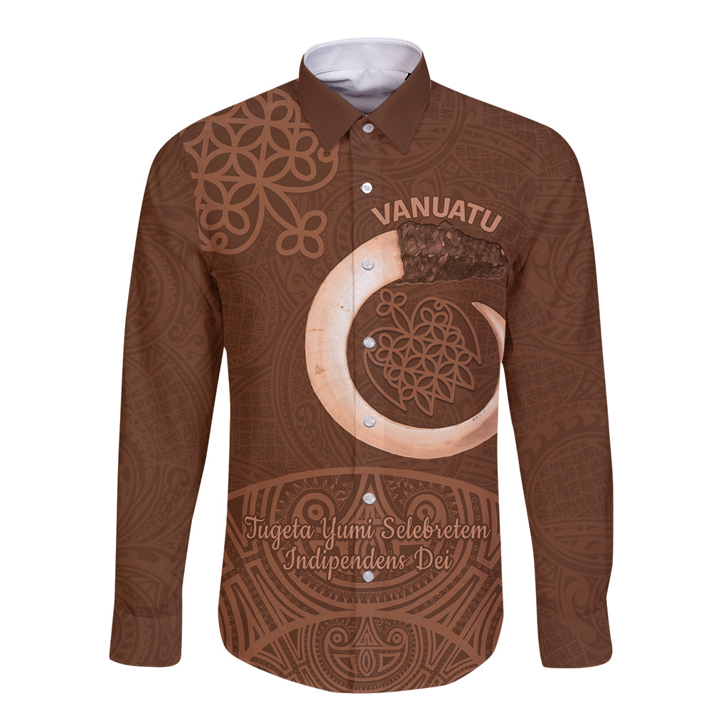 Vanuatu Indipendens Dei Long Sleeve Button Shirt Yumi Sand Drawing Turtle Mix Lapita LT14 Unisex Brown - Polynesian Pride