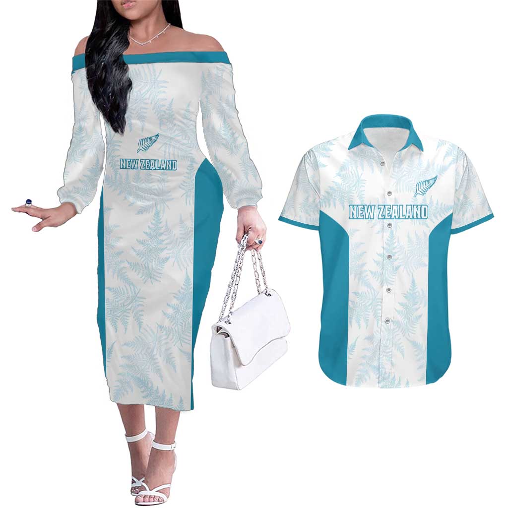 Custom New Zealand Silver Fern Football Couples Matching Off The Shoulder Long Sleeve Dress and Hawaiian Shirt Come On All White