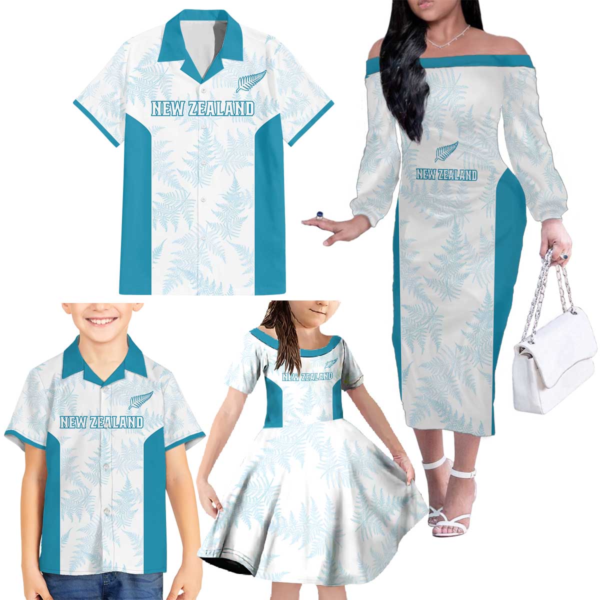Custom New Zealand Silver Fern Football Family Matching Off The Shoulder Long Sleeve Dress and Hawaiian Shirt Come On All White