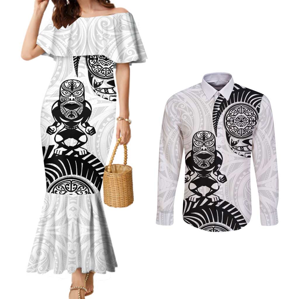 Custom Aotearoa Football Couples Matching Mermaid Dress and Long Sleeve Button Shirt NZ Maori Tiki Go Champions LT14 White - Polynesian Pride