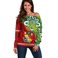 Australia And Tonga Off Shoulder Sweater Aboriginal Mix Tongan Ngatu Unique Style LT14 Women Green - Polynesian Pride