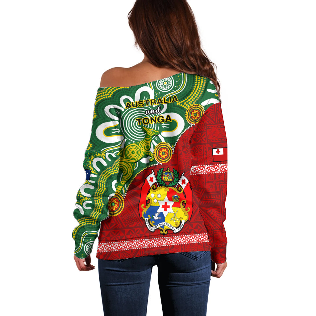 Australia And Tonga Off Shoulder Sweater Aboriginal Mix Tongan Ngatu Unique Style LT14 - Polynesian Pride