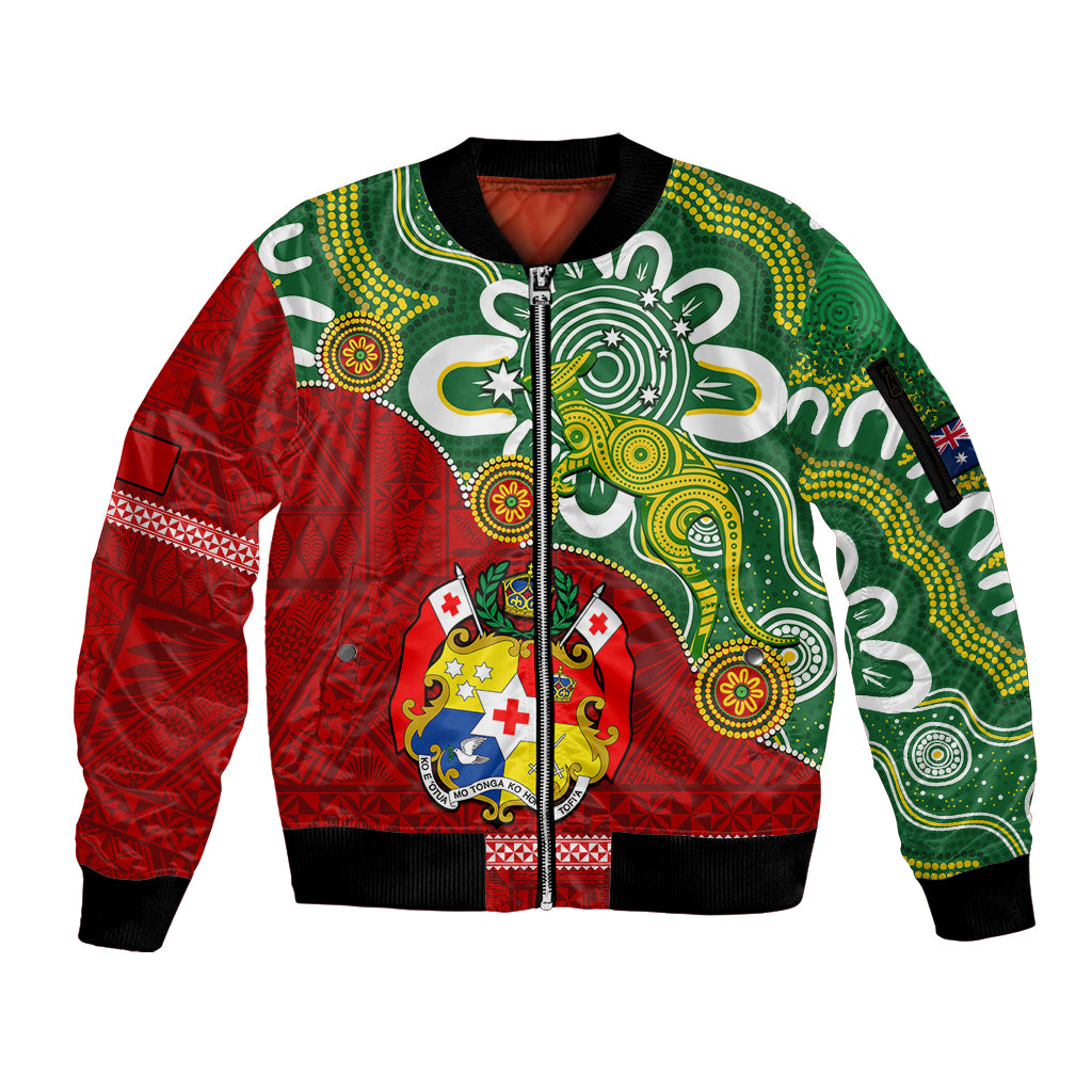 Australia And Tonga Sleeve Zip Bomber Jacket Aboriginal Mix Tongan Ngatu Unique Style LT14 Unisex Green - Polynesian Pride