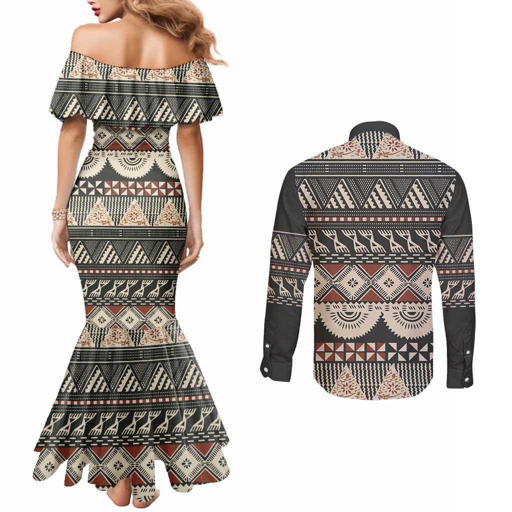 Vintage Bula Fiji Masi Couples Matching Mermaid Dress and Long Sleeve Button Shirt Fijian Tapa Cloth - Polynesian Pride