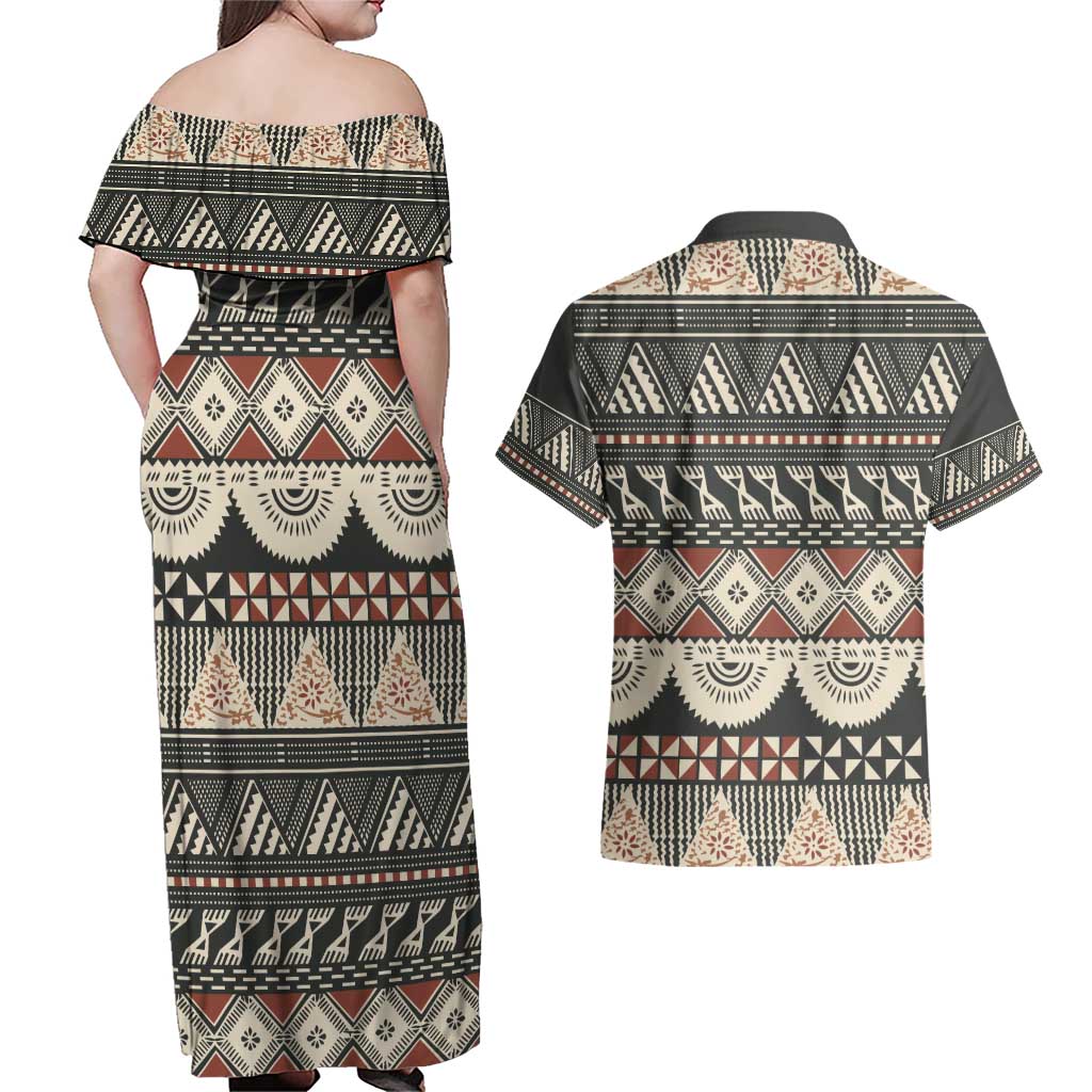 Vintage Bula Fiji Masi Couples Matching Off Shoulder Maxi Dress and Hawaiian Shirt Fijian Tapa Cloth - Polynesian Pride