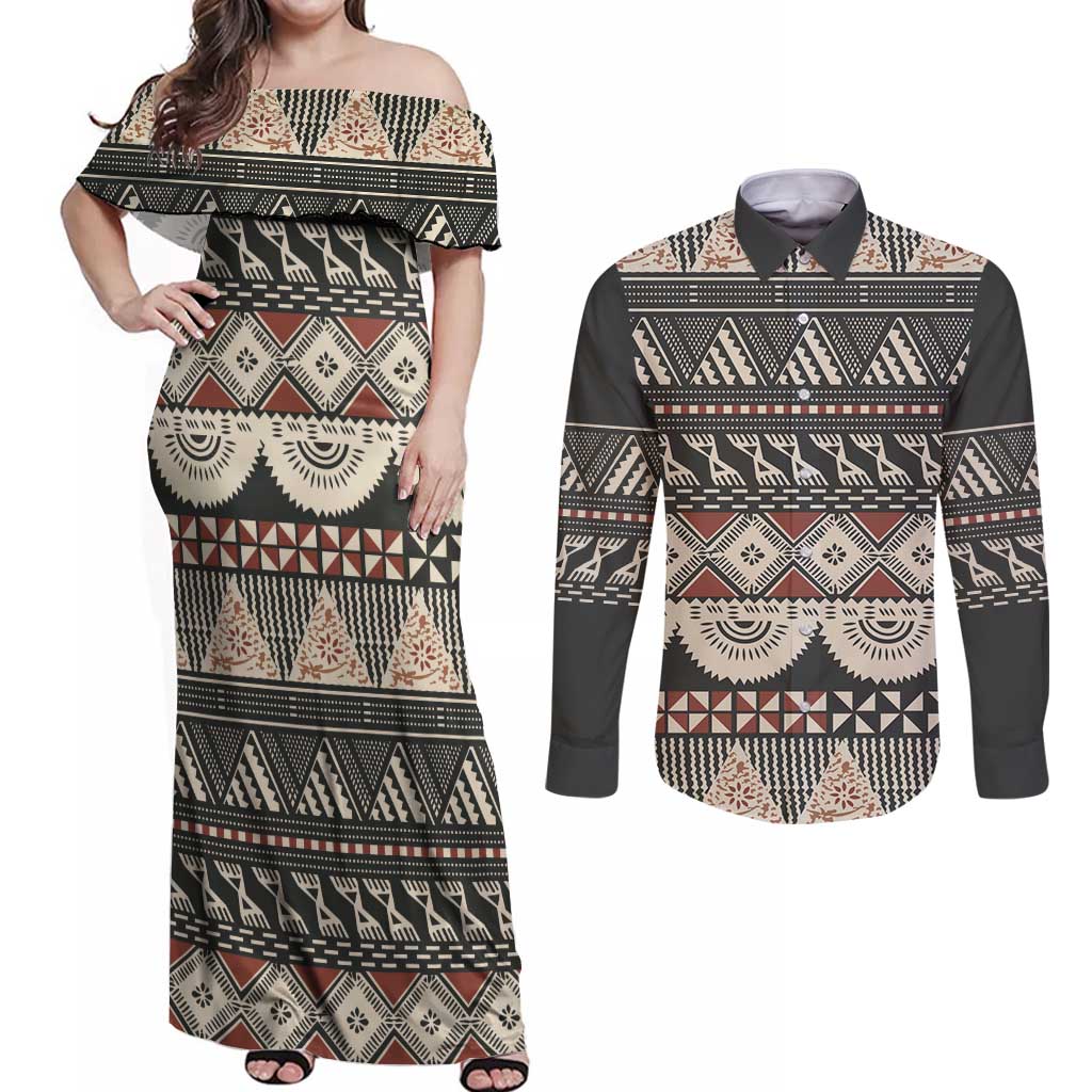 Vintage Bula Fiji Masi Couples Matching Off Shoulder Maxi Dress and Long Sleeve Button Shirt Fijian Tapa Cloth - Polynesian Pride
