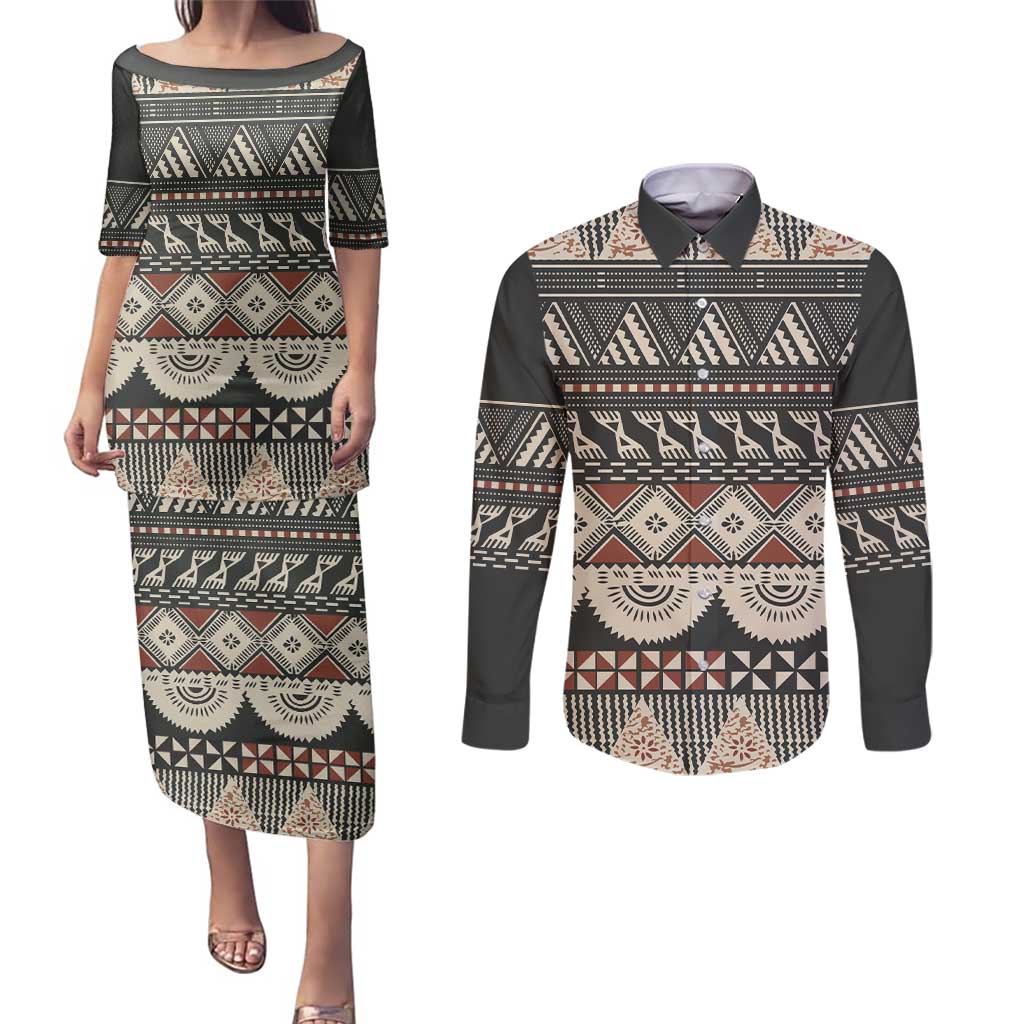 Vintage Bula Fiji Masi Couples Matching Puletasi and Long Sleeve Button Shirt Fijian Tapa Cloth - Polynesian Pride