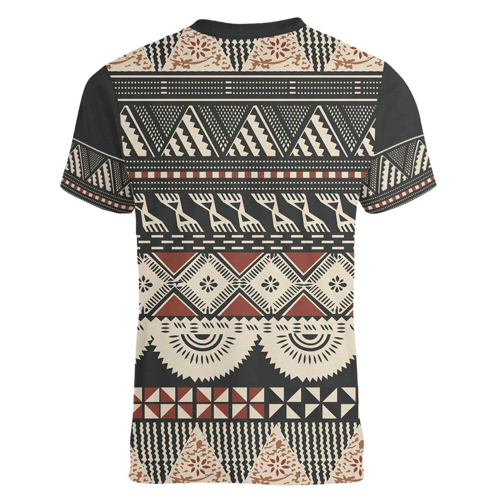 Vintage Bula Fiji Masi Women V-Neck T-Shirt Fijian Tapa Cloth - Polynesian Pride