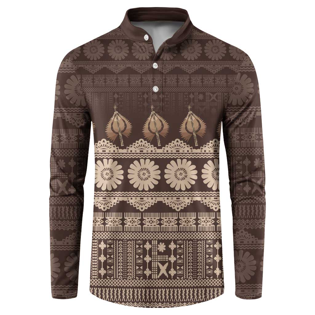 Bula Fiji Iri ni Meke Button Sweatshirt Kuvui Fijian Masi LT14 Brown - Polynesian Pride
