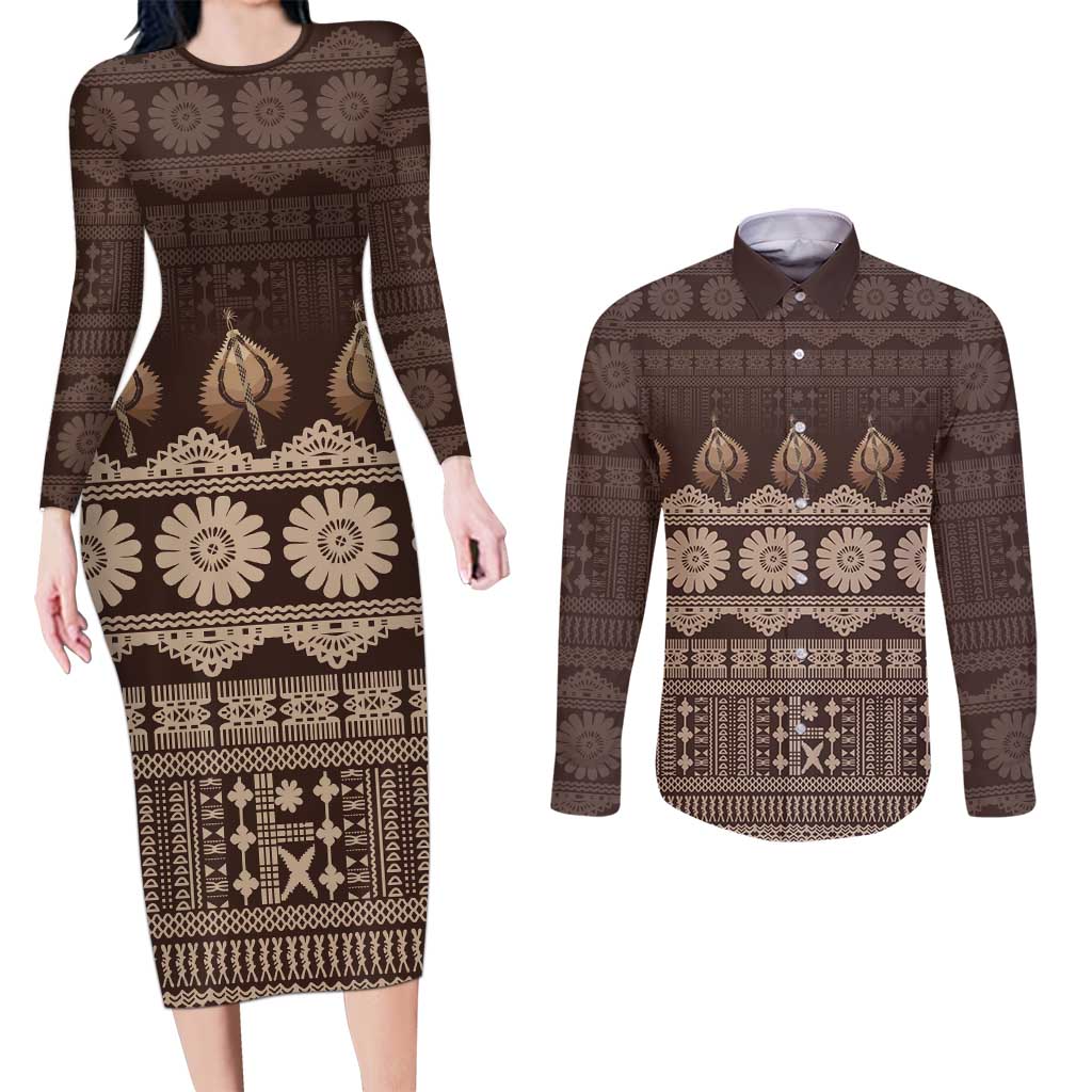 Bula Fiji Iri ni Meke Couples Matching Long Sleeve Bodycon Dress and Long Sleeve Button Shirt Kuvui Fijian Masi - Polynesian Pride