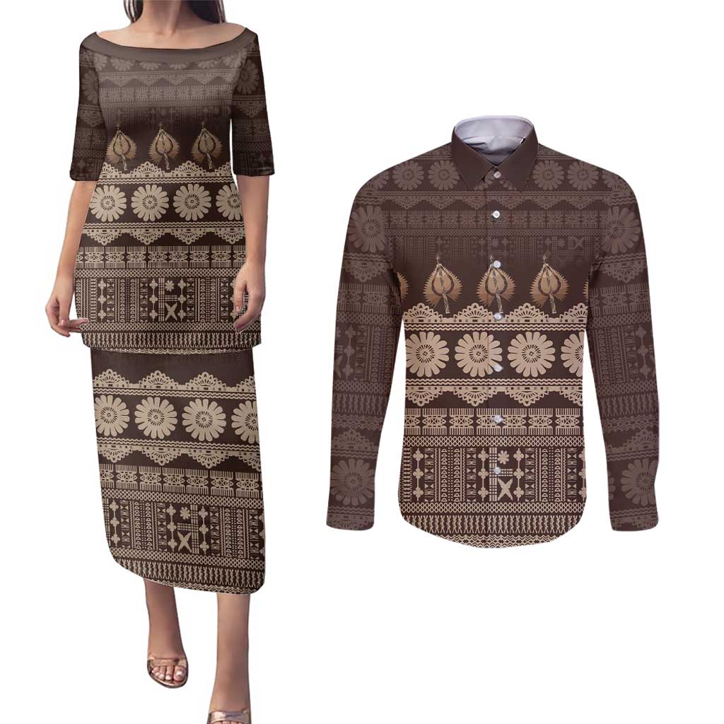 Bula Fiji Iri ni Meke Couples Matching Puletasi and Long Sleeve Button Shirt Kuvui Fijian Masi - Polynesian Pride