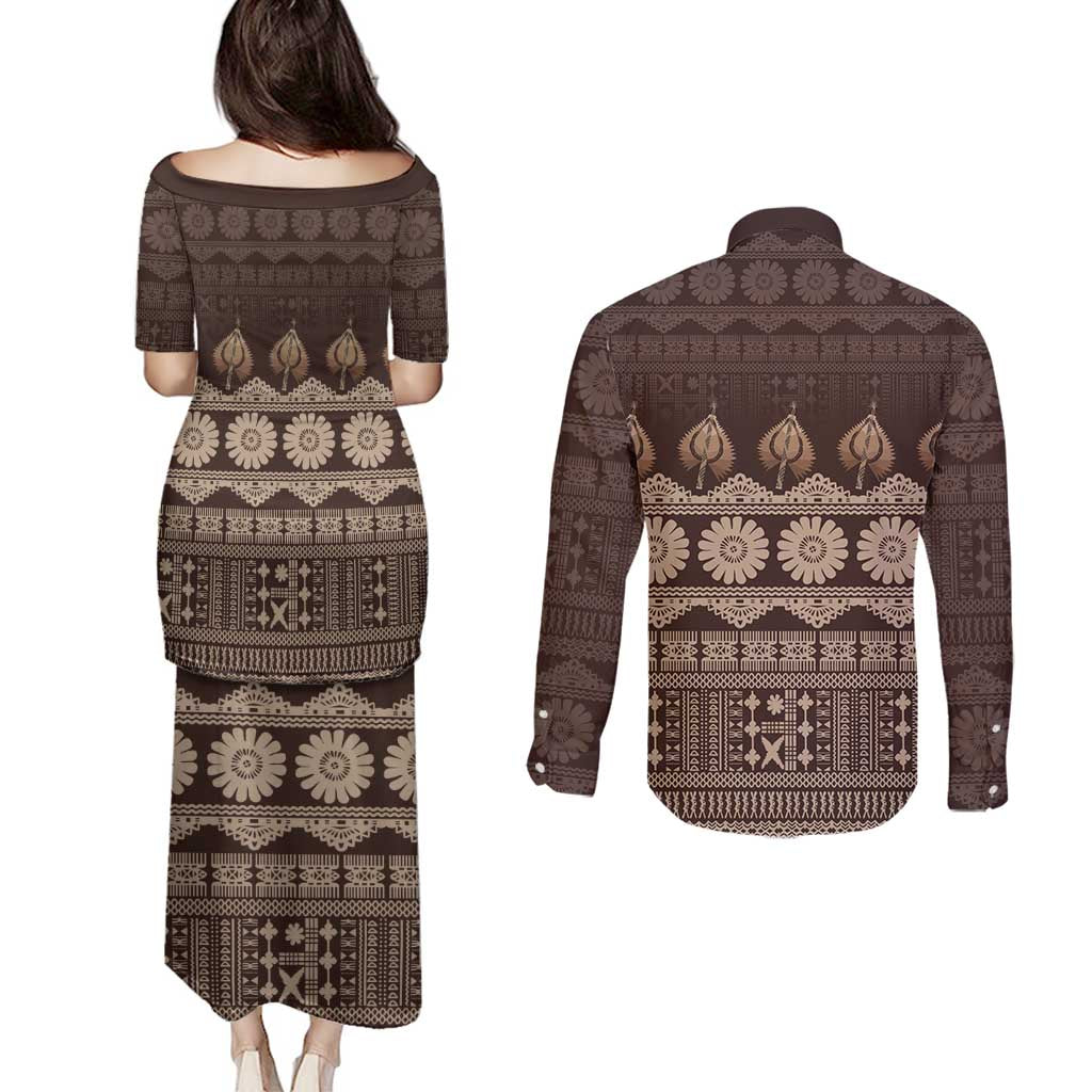 Bula Fiji Iri ni Meke Couples Matching Puletasi and Long Sleeve Button Shirt Kuvui Fijian Masi - Polynesian Pride