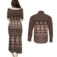 Bula Fiji Iri ni Meke Couples Matching Puletasi and Long Sleeve Button Shirt Kuvui Fijian Masi - Polynesian Pride