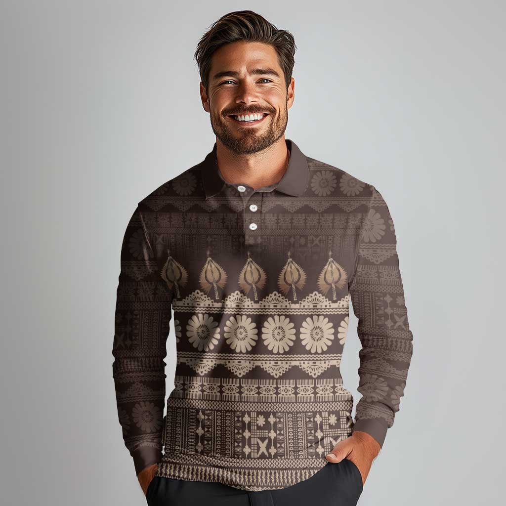 Bula Fiji Iri ni Meke Long Sleeve Polo Shirt Kuvui Fijian Masi - Polynesian Pride
