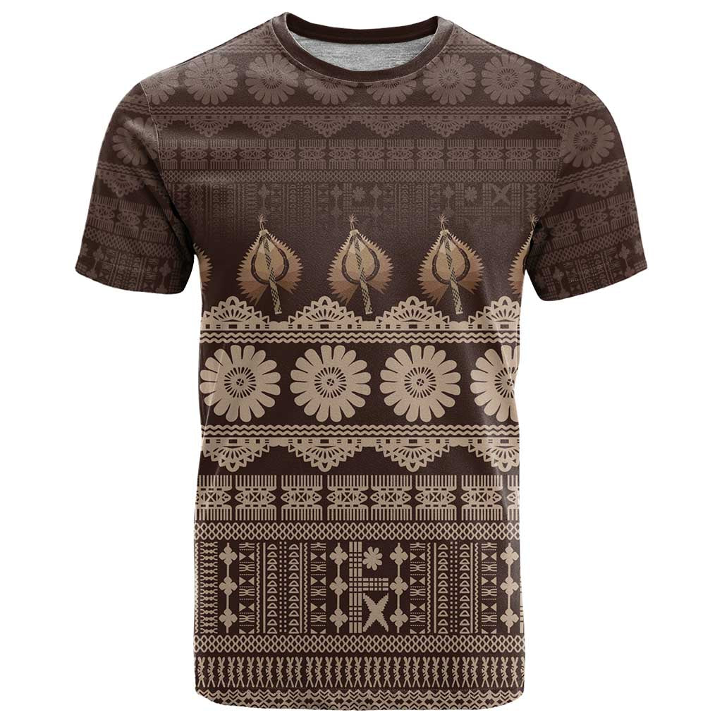 Bula Fiji Iri ni Meke T Shirt Kuvui Fijian Masi LT14 Brown - Polynesian Pride