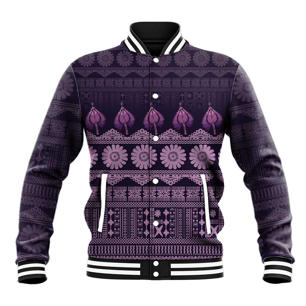 Bula Fiji Iri ni Meke Baseball Jacket Lokaloka Fijian Masi LT14 Unisex Purple - Polynesian Pride