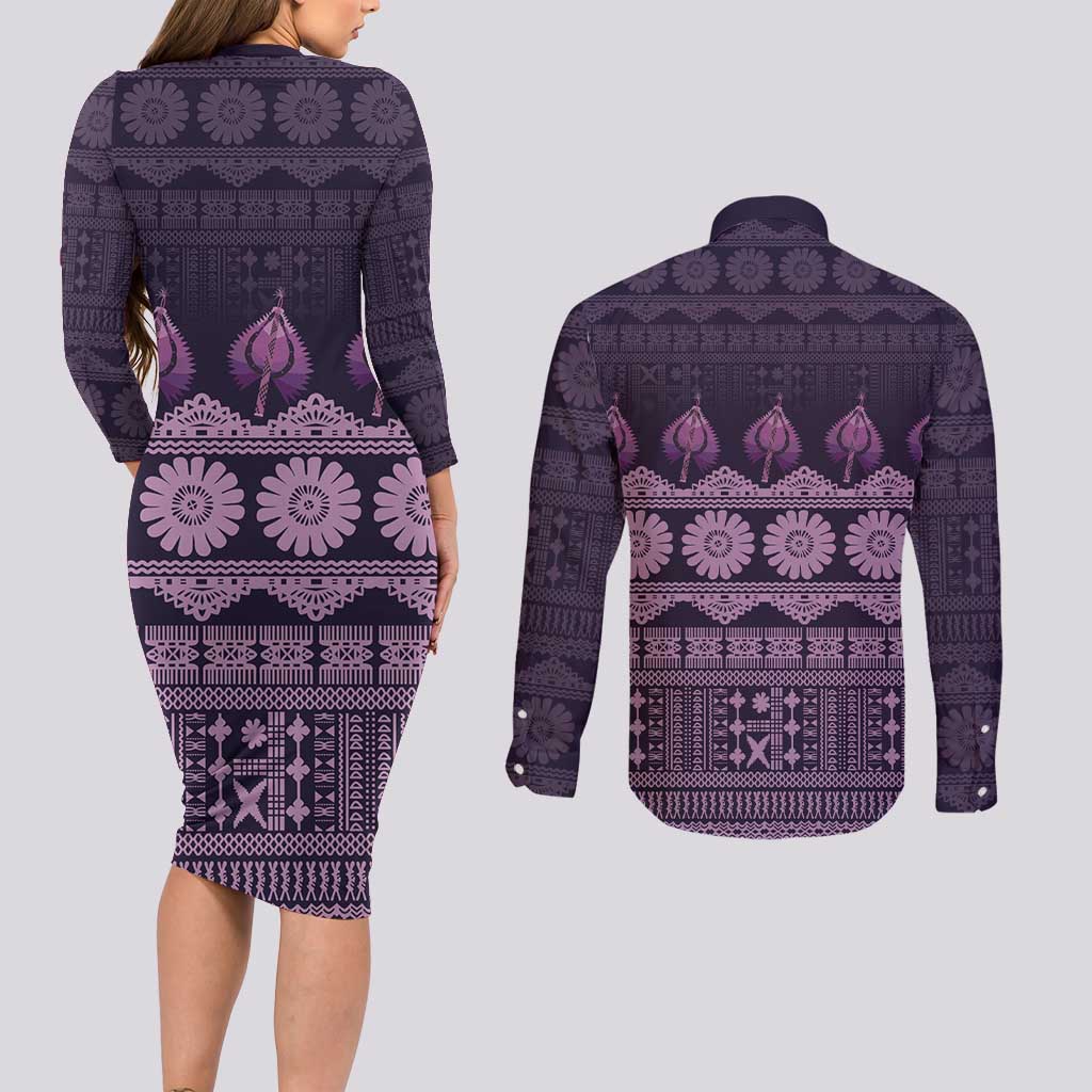 Bula Fiji Iri ni Meke Couples Matching Long Sleeve Bodycon Dress and Long Sleeve Button Shirt Lokaloka Fijian Masi - Polynesian Pride
