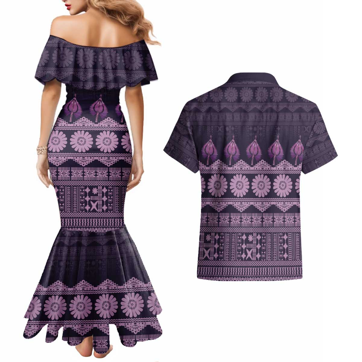 Bula Fiji Iri ni Meke Couples Matching Mermaid Dress and Hawaiian Shirt Lokaloka Fijian Masi - Polynesian Pride