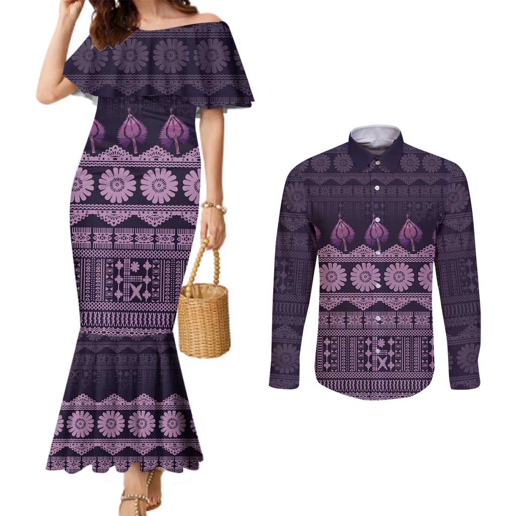 Bula Fiji Iri ni Meke Couples Matching Mermaid Dress and Long Sleeve Button Shirt Lokaloka Fijian Masi - Polynesian Pride