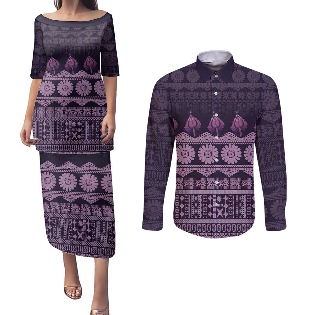 Bula Fiji Iri ni Meke Couples Matching Puletasi and Long Sleeve Button Shirt Lokaloka Fijian Masi - Polynesian Pride