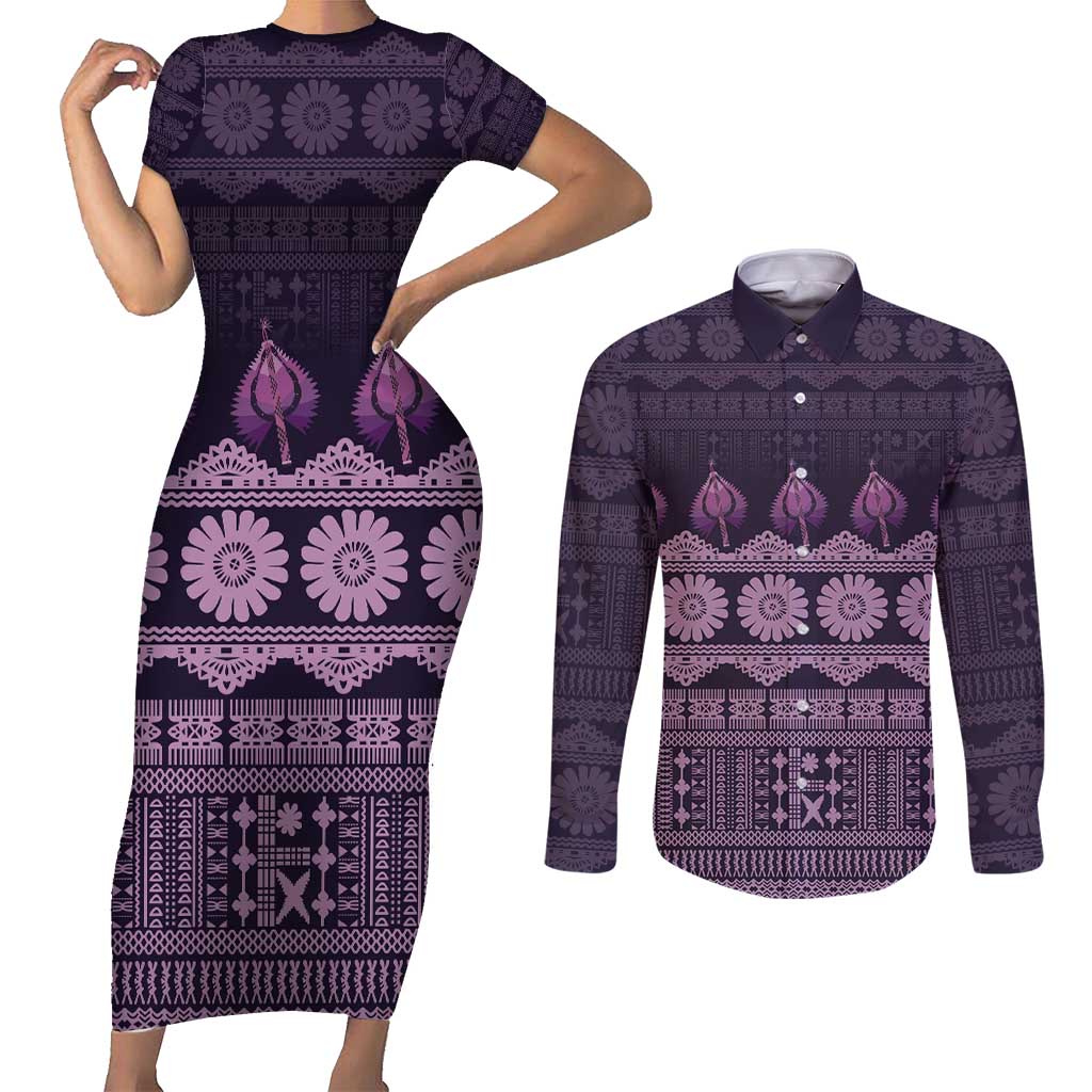 Bula Fiji Iri ni Meke Couples Matching Short Sleeve Bodycon Dress and Long Sleeve Button Shirt Lokaloka Fijian Masi LT14 Purple - Polynesian Pride