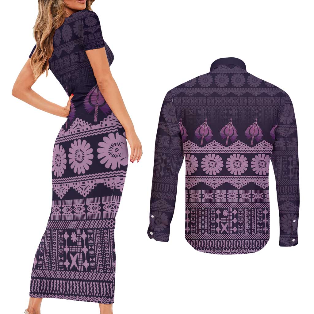 Bula Fiji Iri ni Meke Couples Matching Short Sleeve Bodycon Dress and Long Sleeve Button Shirt Lokaloka Fijian Masi LT14 - Polynesian Pride