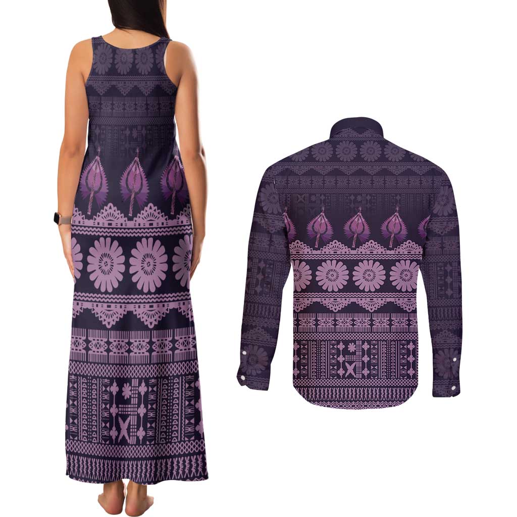 Bula Fiji Iri ni Meke Couples Matching Tank Maxi Dress and Long Sleeve Button Shirt Lokaloka Fijian Masi - Polynesian Pride