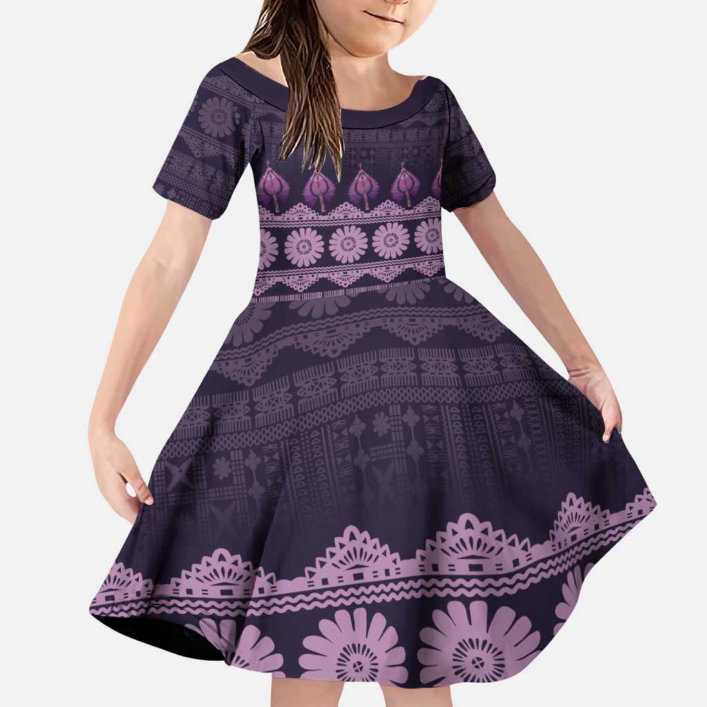 Bula Fiji Iri ni Meke Family Matching Puletasi and Hawaiian Shirt Lokaloka Fijian Masi LT14 Daughter's Dress Purple - Polynesian Pride