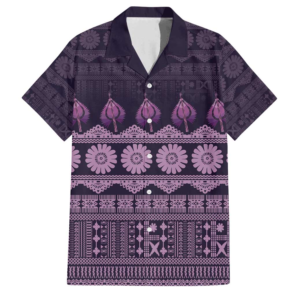 Bula Fiji Iri ni Meke Family Matching Puletasi and Hawaiian Shirt Lokaloka Fijian Masi LT14 Dad's Shirt - Short Sleeve Purple - Polynesian Pride