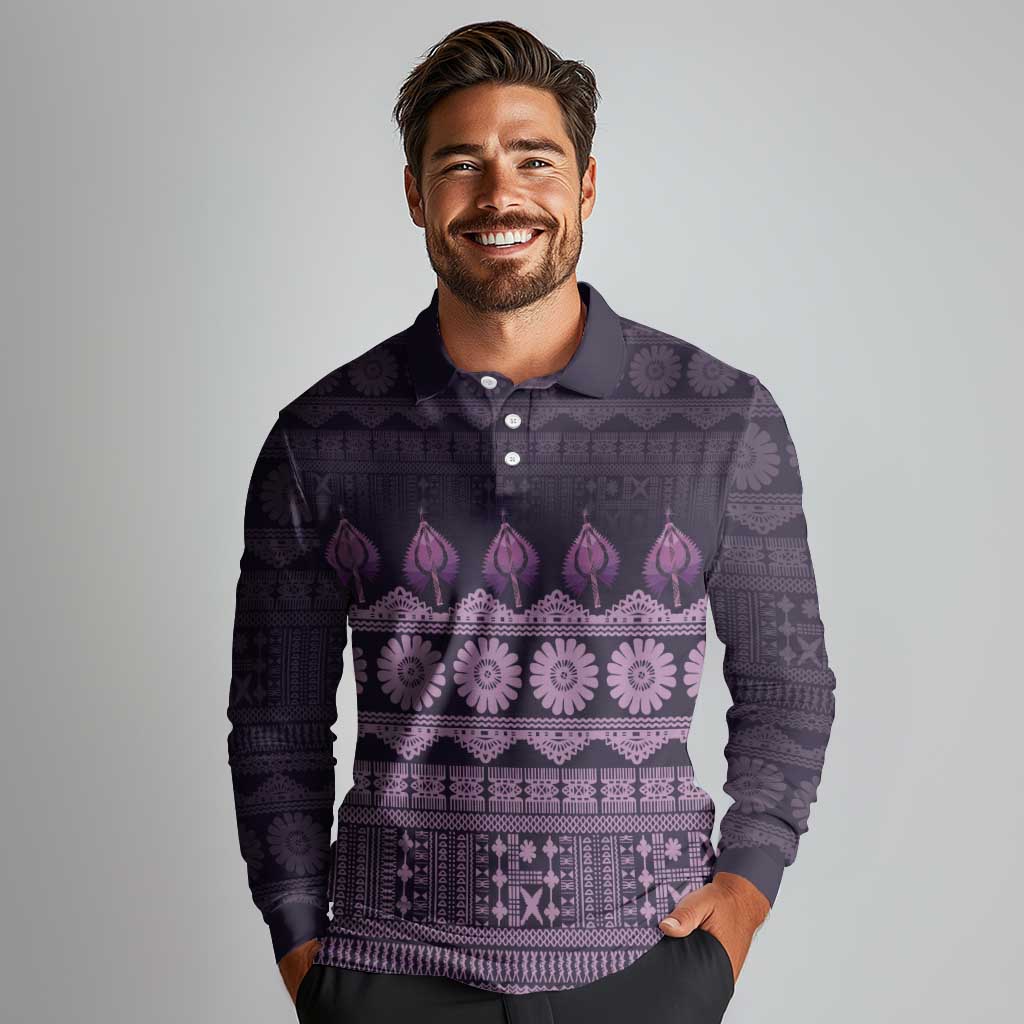 Bula Fiji Iri ni Meke Long Sleeve Polo Shirt Lokaloka Fijian Masi - Polynesian Pride