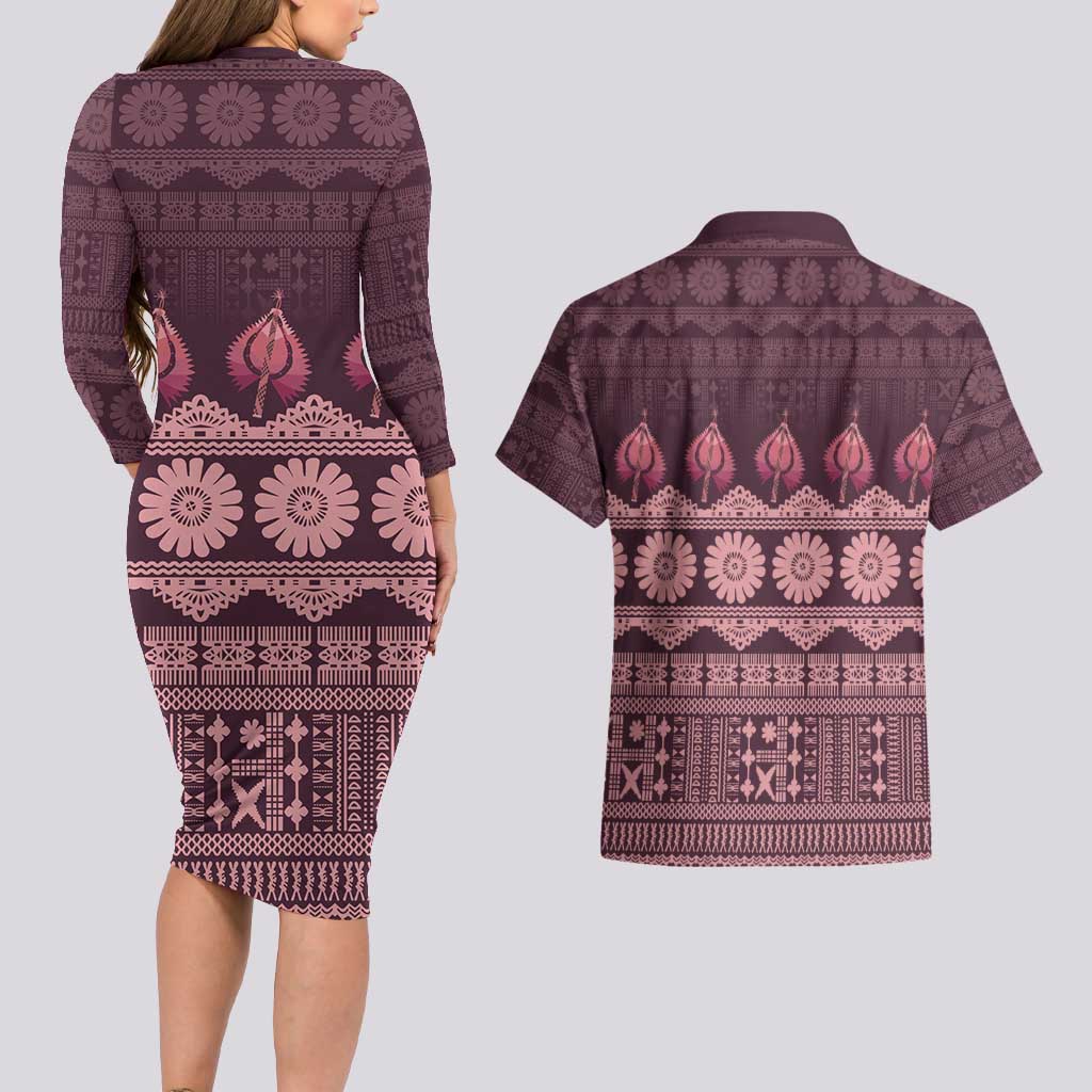 Bula Fiji Iri ni Meke Couples Matching Long Sleeve Bodycon Dress and Hawaiian Shirt Piqi Fijian Masi - Polynesian Pride