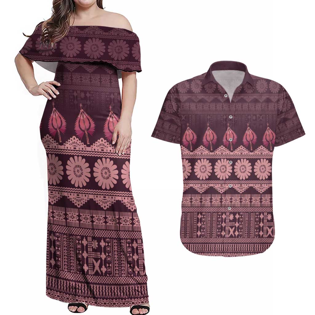 Bula Fiji Iri ni Meke Couples Matching Off Shoulder Maxi Dress and Hawaiian Shirt Piqi Fijian Masi - Polynesian Pride