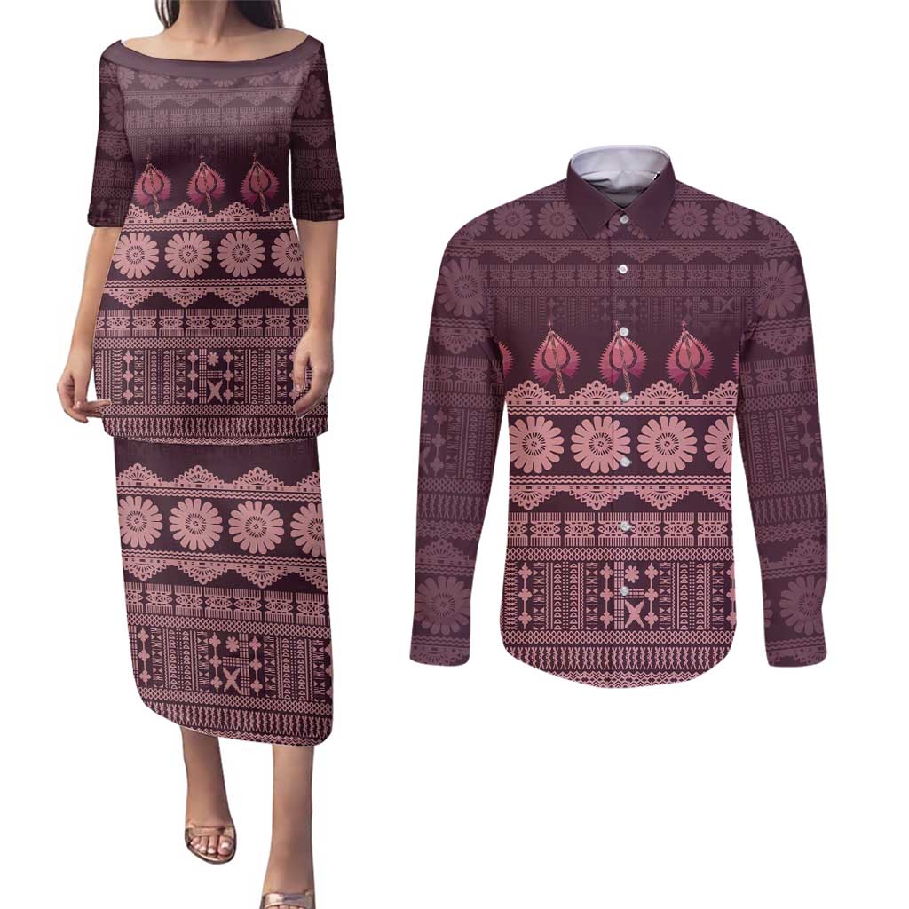 Bula Fiji Iri ni Meke Couples Matching Puletasi and Long Sleeve Button Shirt Piqi Fijian Masi - Polynesian Pride