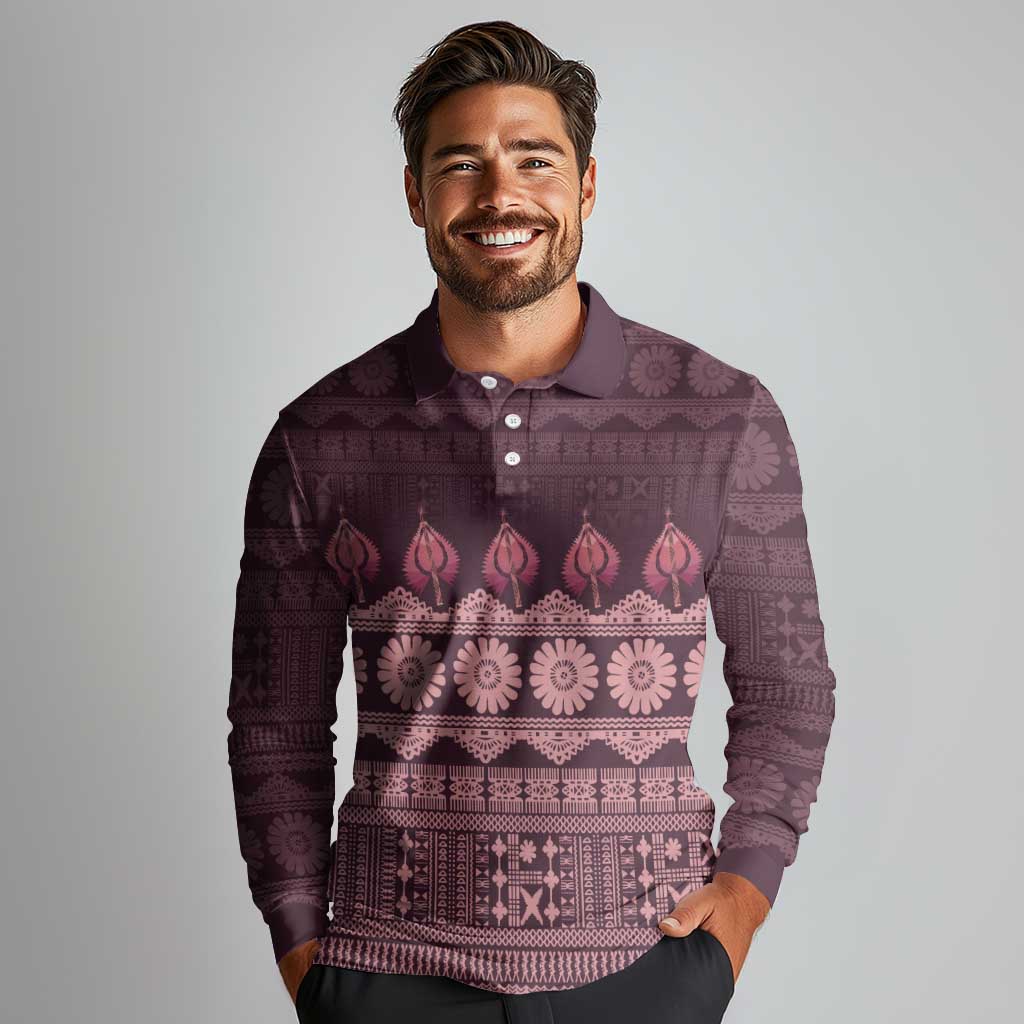 Bula Fiji Iri ni Meke Long Sleeve Polo Shirt Piqi Fijian Masi - Polynesian Pride