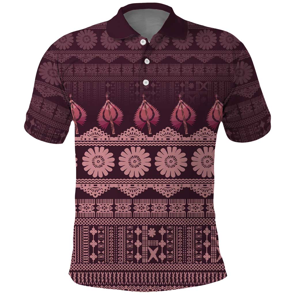Bula Fiji Iri ni Meke Polo Shirt Piqi Fijian Masi LT14 Pink - Polynesian Pride