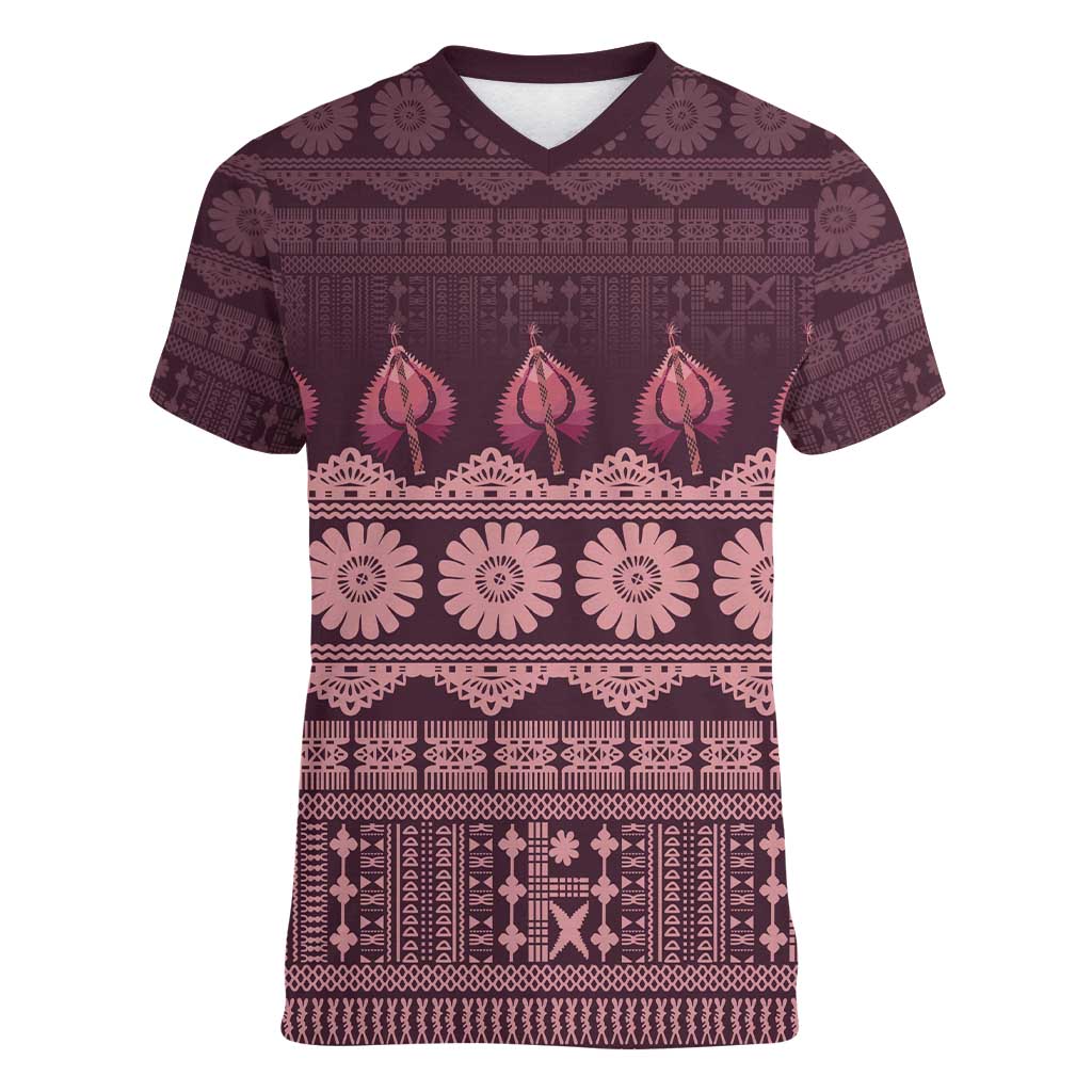 Bula Fiji Iri ni Meke Women V-Neck T-Shirt Piqi Fijian Masi - Polynesian Pride