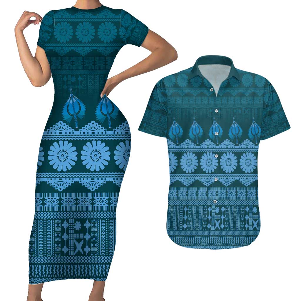 Bula Fiji Iri ni Meke Couples Matching Short Sleeve Bodycon Dress and Hawaiian Shirt Karakarawa Fijian Masi - Polynesian Pride
