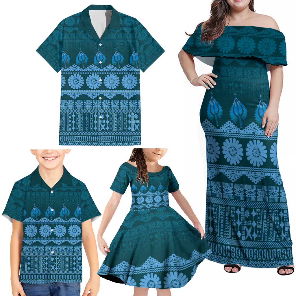 Bula Fiji Iri ni Meke Family Matching Off Shoulder Maxi Dress and Hawaiian Shirt Karakarawa Fijian Masi - Polynesian Pride
