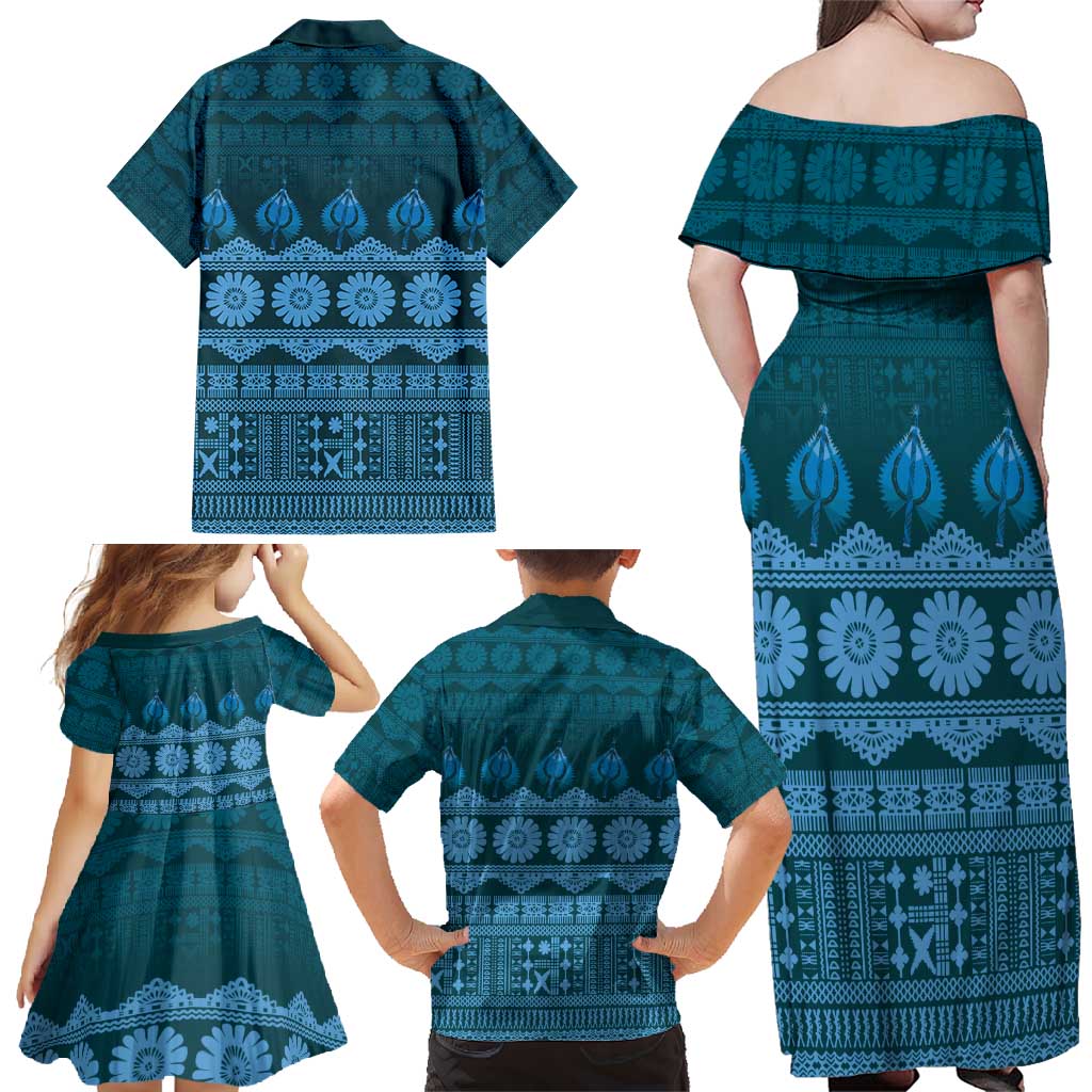 Bula Fiji Iri ni Meke Family Matching Off Shoulder Maxi Dress and Hawaiian Shirt Karakarawa Fijian Masi - Polynesian Pride