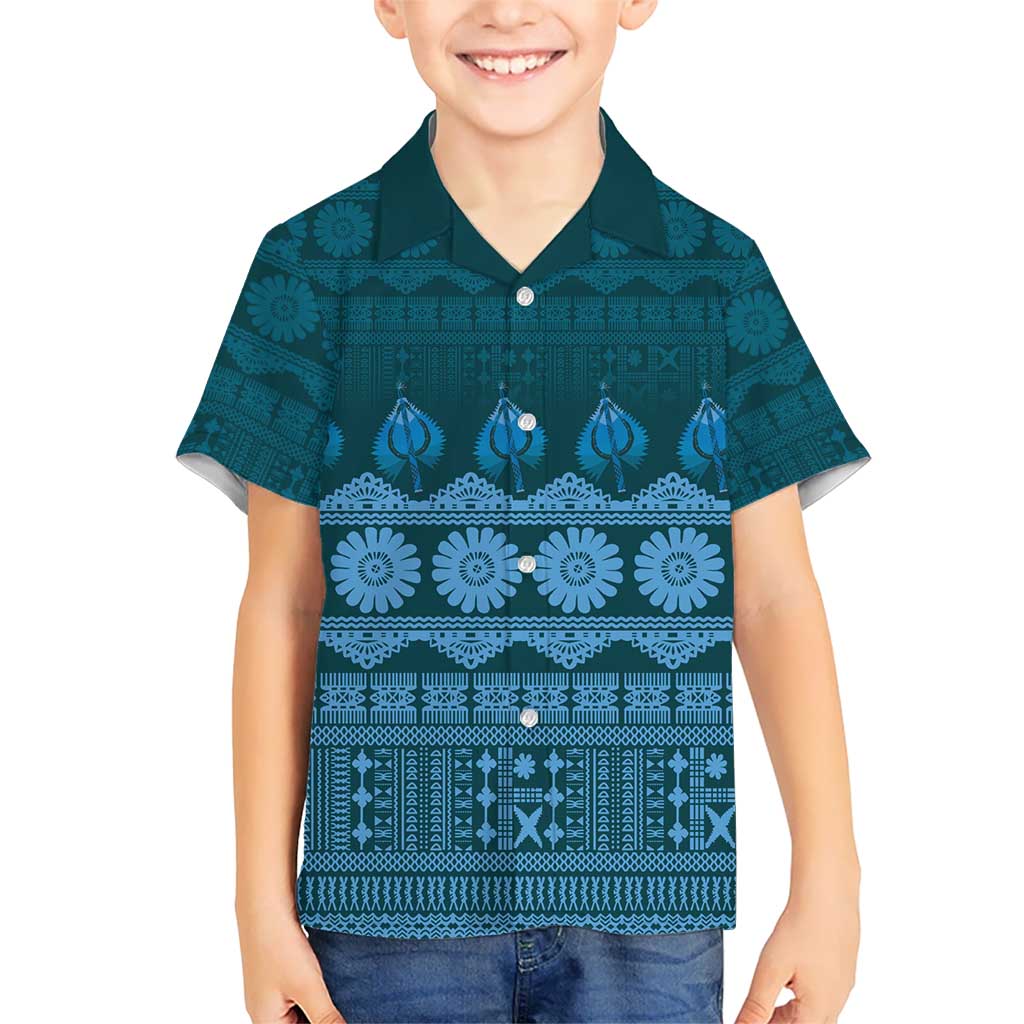 Bula Fiji Iri ni Meke Kid Hawaiian Shirt Karakarawa Fijian Masi LT14 Kid Blue - Polynesian Pride