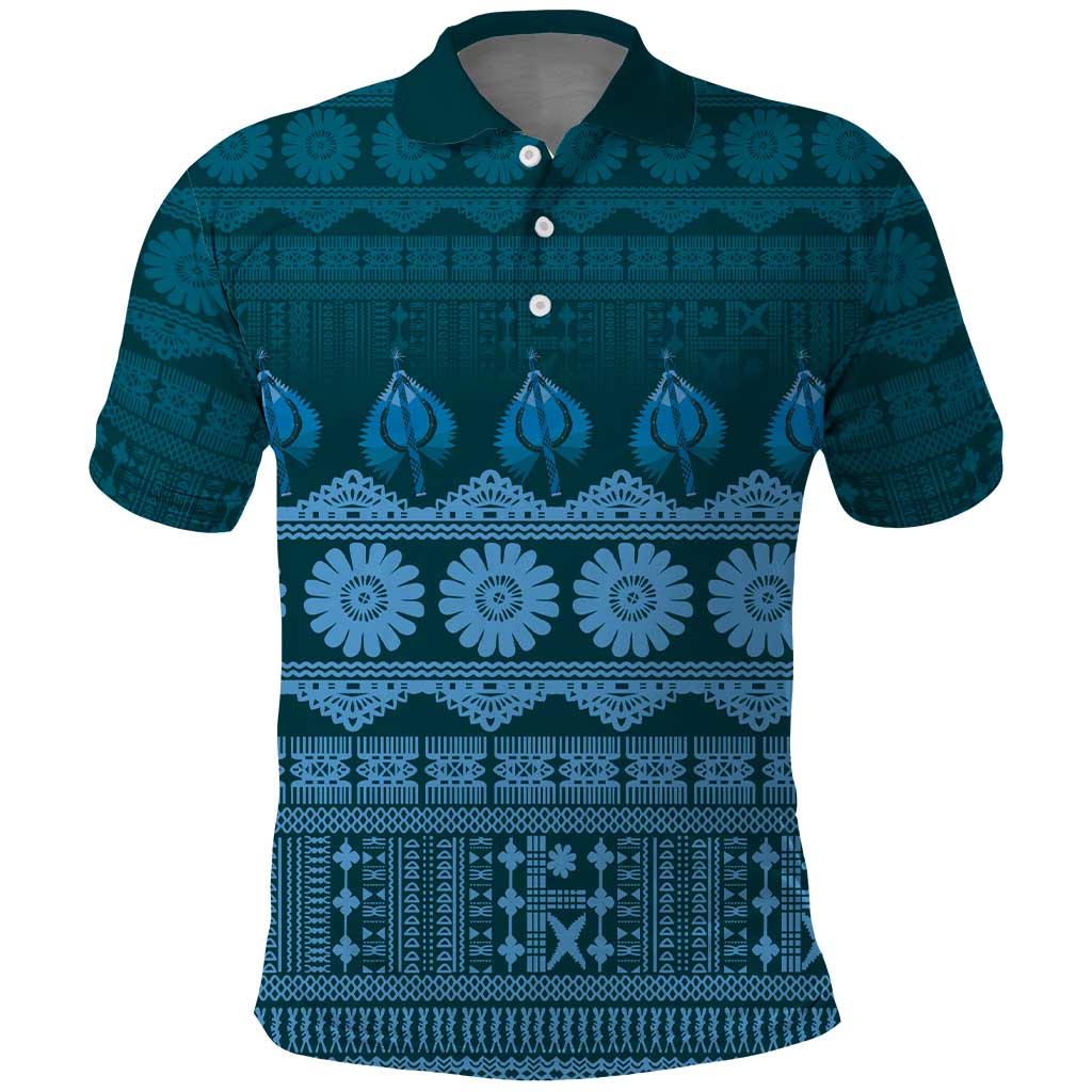 Bula Fiji Iri ni Meke Polo Shirt Karakarawa Fijian Masi LT14 Blue - Polynesian Pride