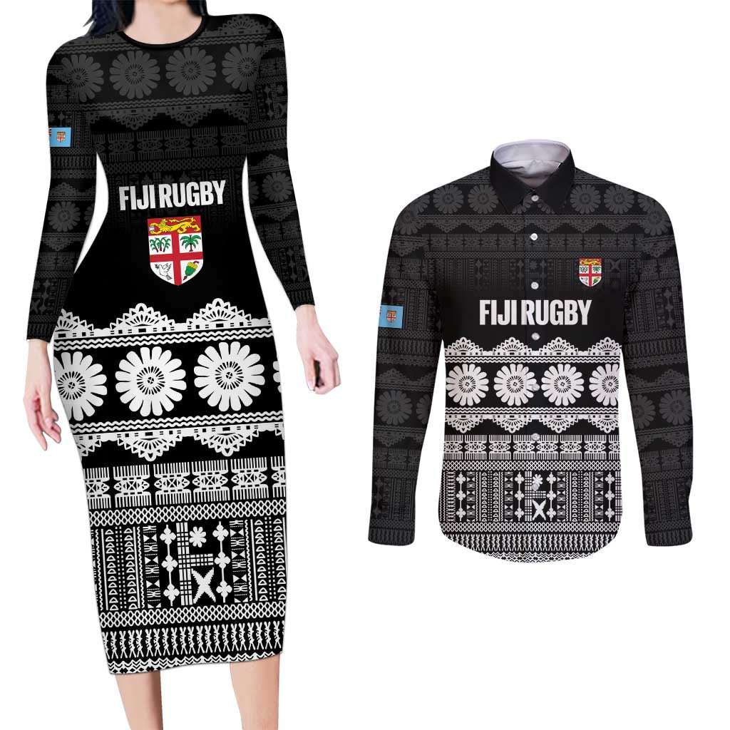 Fiji Tapa Rugby Custom Couples Matching Long Sleeve Bodycon Dress and Long Sleeve Button Shirt Go Fijiana - Polynesian Pride